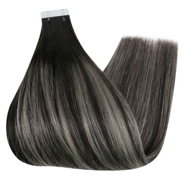 Tape in Hair Extensions Premium Balayage Black With Silver #1b/silver/1b| KQ Hair