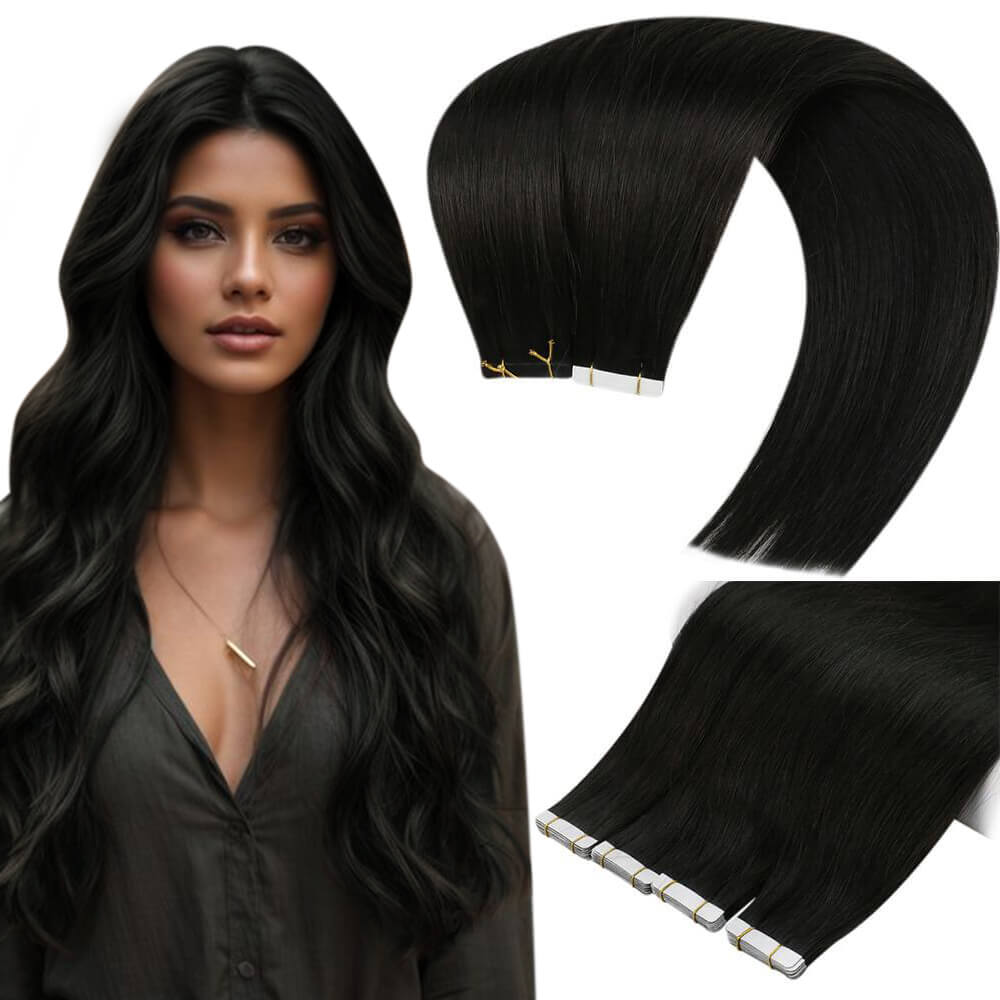 Human Hair Tape In Extensions Jet Black #1| KQ Hair Factory