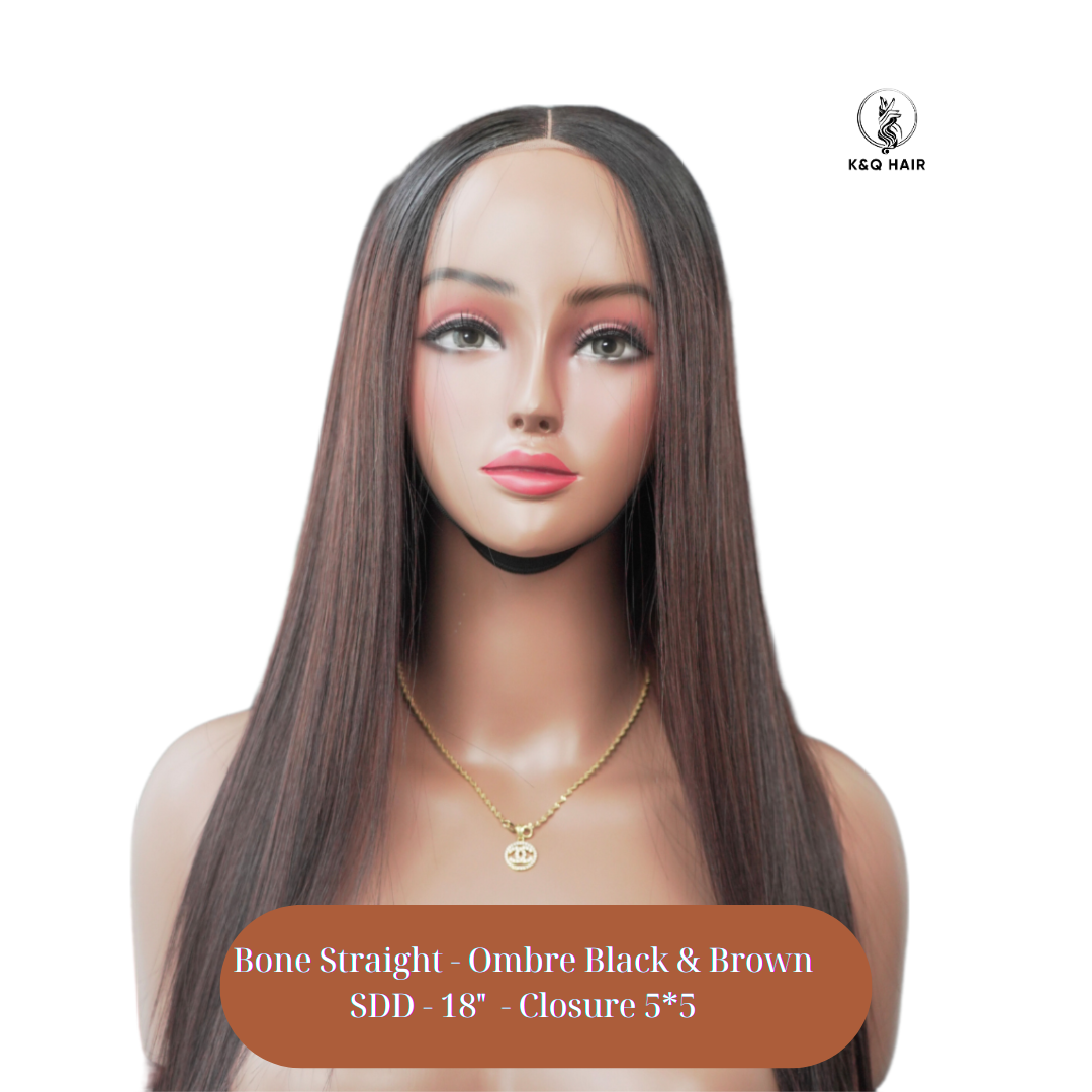 KQ - Wig - Bone Straight - Ombre Black & Brown - SDD - Closure 5*5